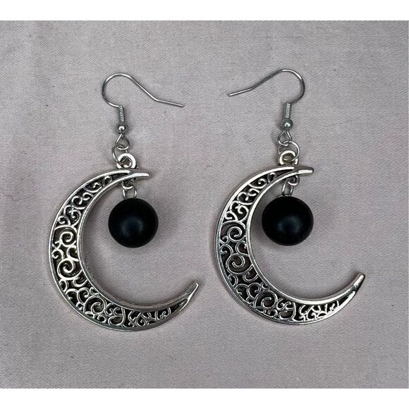 Handmade Silver Dangly Crescent Moon Earrings With Black Vintage Buttons - Picture 1 of 3